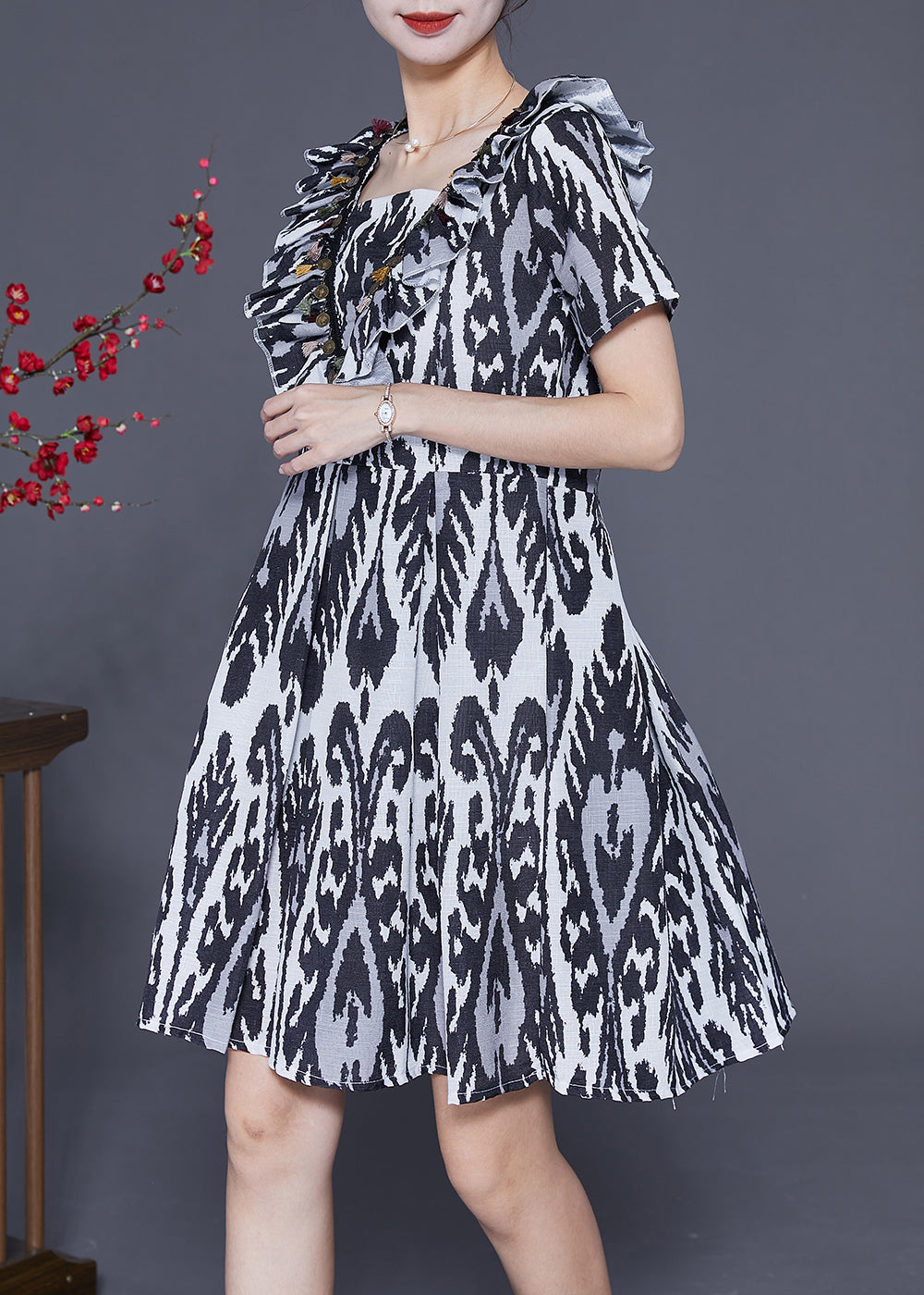 Art Black Ruffled Patchwork Print Linen Dress Summer LY3701 - fabuloryshop