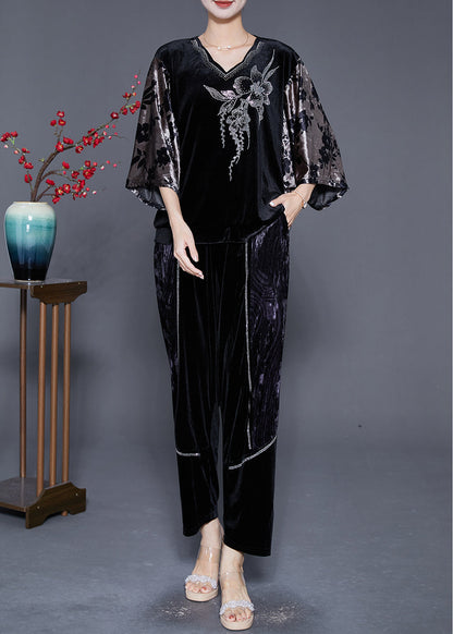 Art Black V Neck Patchwork Zircon Silk Velour Two Pieces Set Batwing Sleeve Ada Fashion