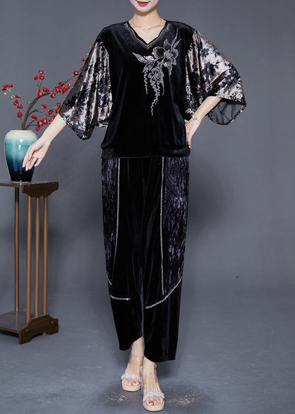 Art Black V Neck Patchwork Zircon Silk Velour Two Pieces Set Batwing Sleeve Ada Fashion