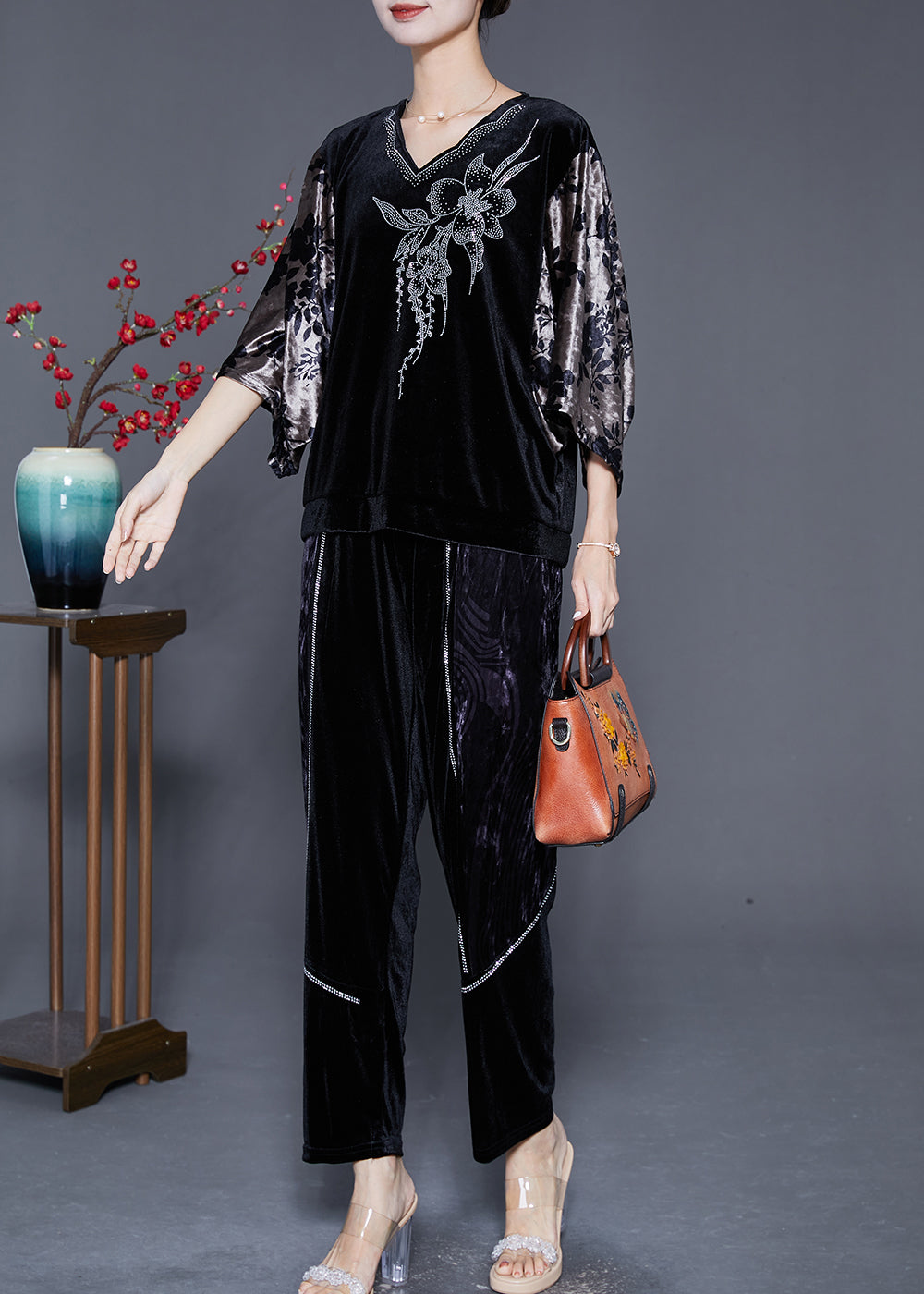 Art Black V Neck Patchwork Zircon Silk Velour Two Pieces Set Batwing Sleeve Ada Fashion