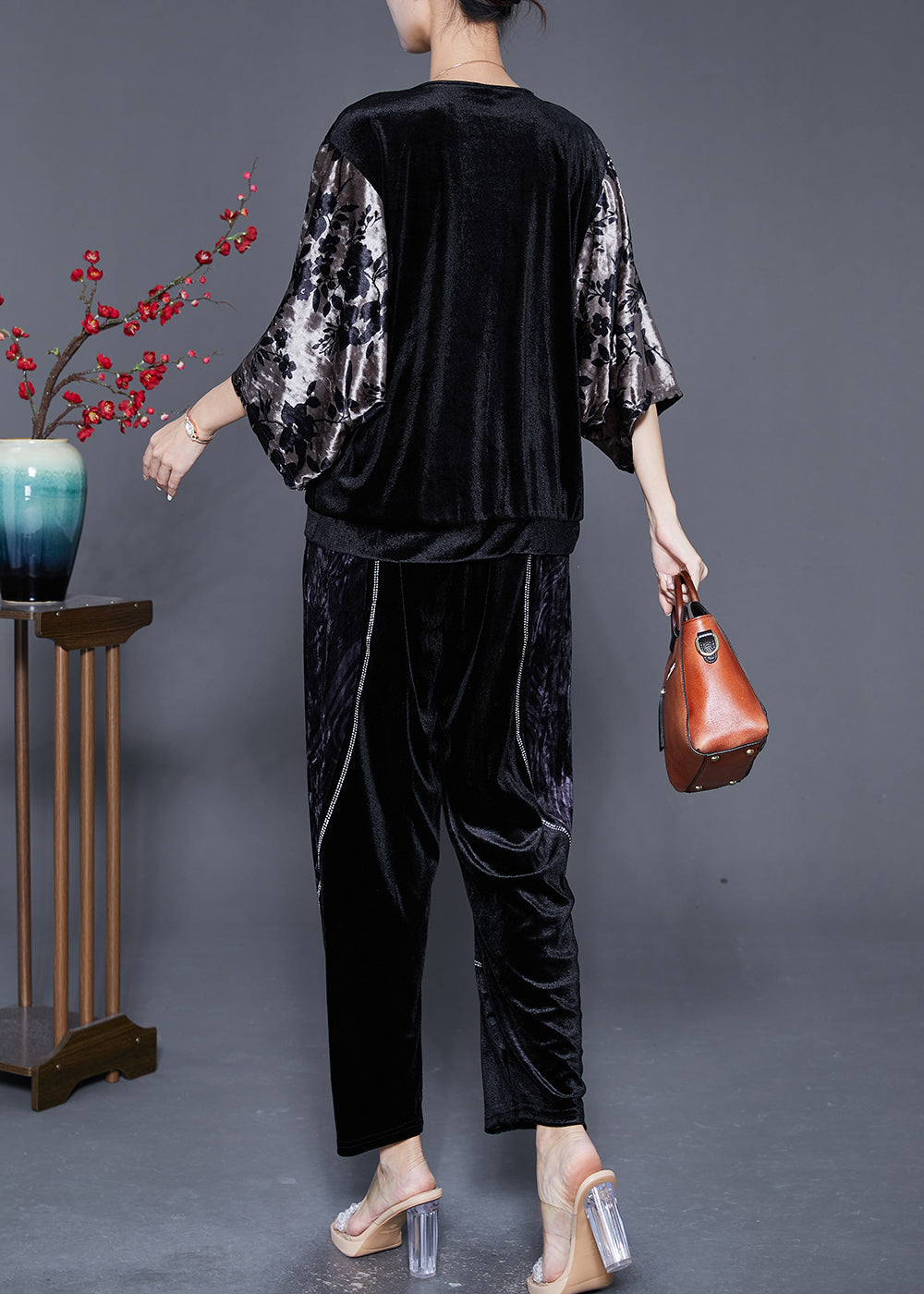 Art Black V Neck Patchwork Zircon Silk Velour Two Pieces Set Batwing Sleeve Ada Fashion