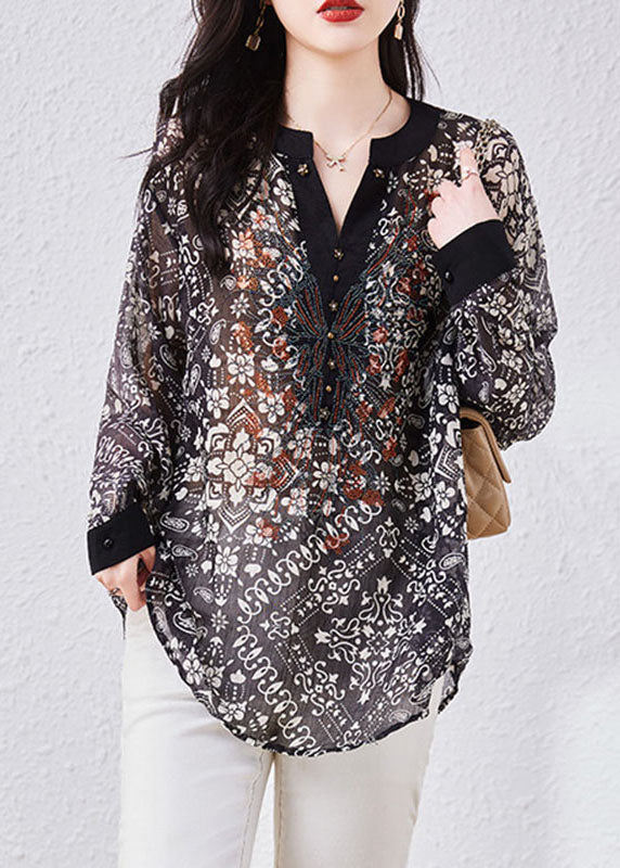 Art Black V Neck Print Patchwork Chiffon Shirts Top Long Sleeve TQ1015 - fabuloryshop