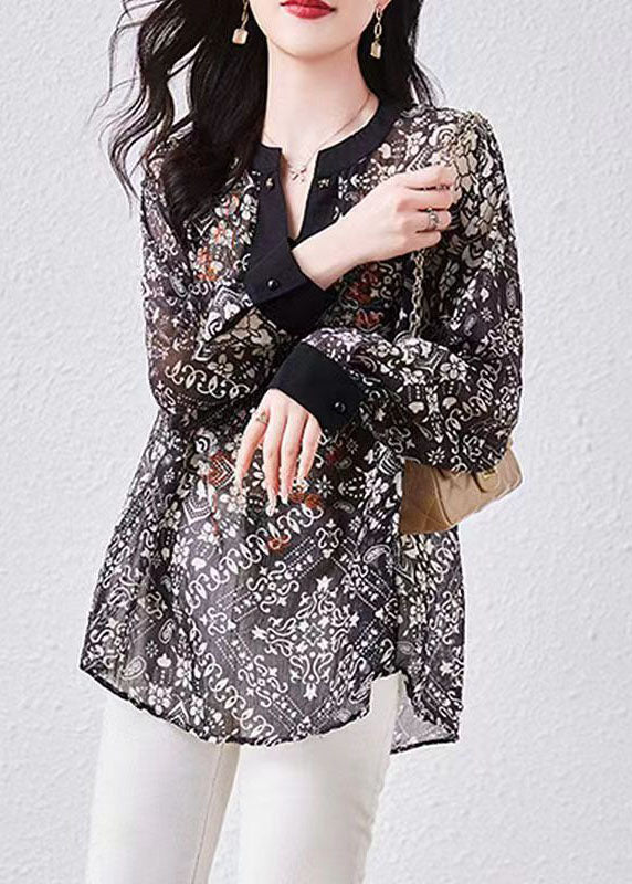 Art Black V Neck Print Patchwork Chiffon Shirts Top Long Sleeve TQ1015 - fabuloryshop