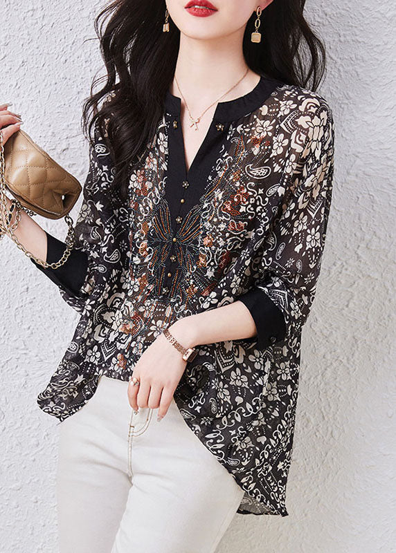 Art Black V Neck Print Patchwork Chiffon Shirts Top Long Sleeve TQ1015 - fabuloryshop