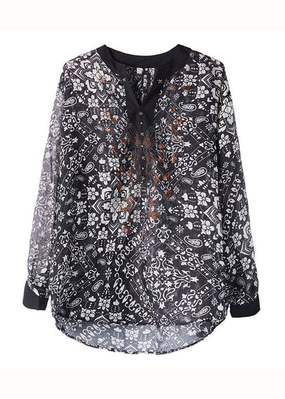 Art Black V Neck Print Patchwork Chiffon Shirts Top Long Sleeve TQ1015 - fabuloryshop