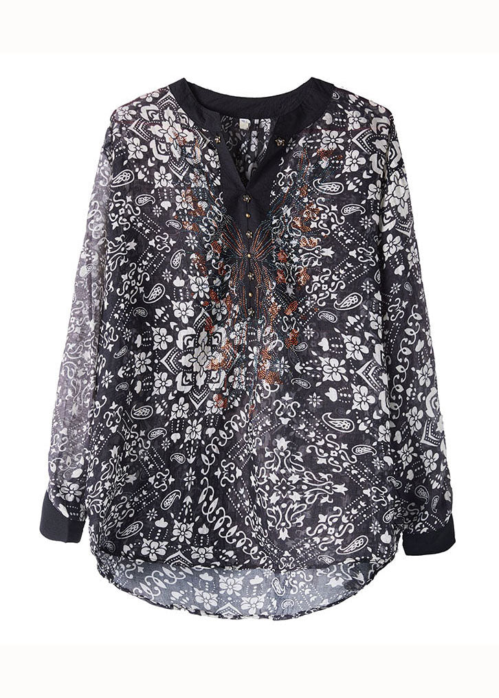 Art Black V Neck Print Patchwork Chiffon Shirts Top Long Sleeve Ada Fashion