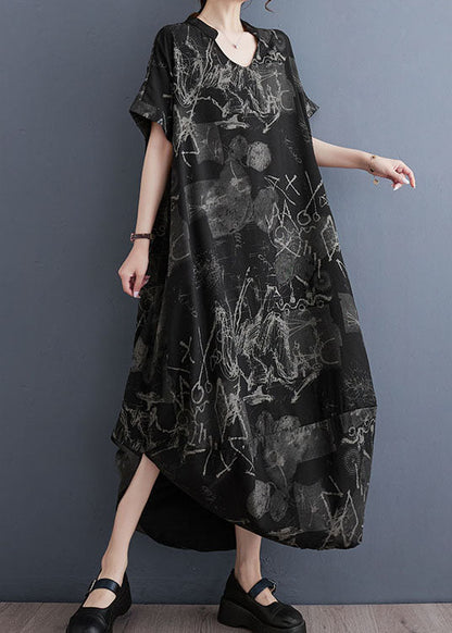 Art Black V Neck Print Patchwork Cotton Long Dress Summer LY3984 - fabuloryshop