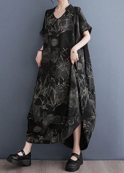 Art Black V Neck Print Patchwork Cotton Long Dress Summer LY3984 - fabuloryshop