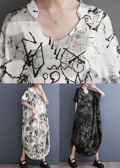 Art Black V Neck Print Patchwork Cotton Long Dress Summer LY3984 - fabuloryshop