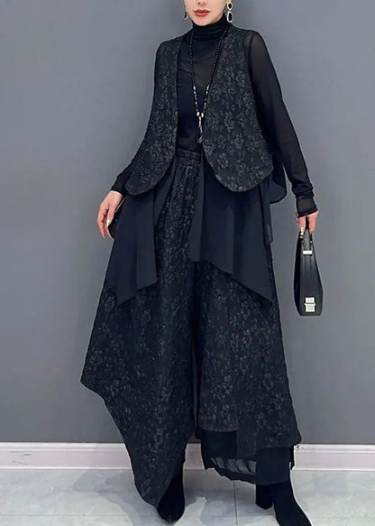 Art Black V Neck Print Waistcoat And Wide Leg Pants Two Pieces Set Fall Ada Fashion