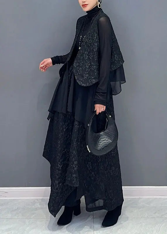 Art Black V Neck Print Waistcoat And Wide Leg Pants Two Pieces Set Fall Ada Fashion