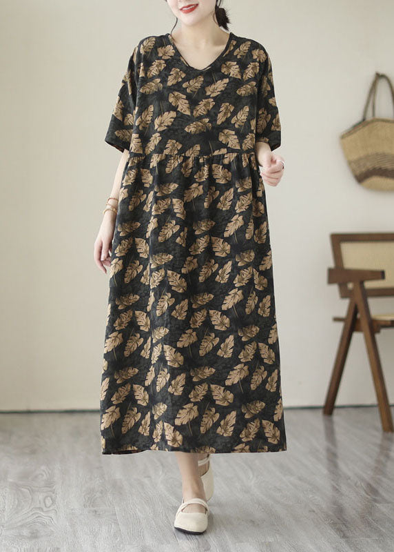 Art Black V Neck Print Wrinkled Patchwork Cotton Dress Summer LY5269 - fabuloryshop