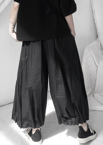 Art Black Wrinkled Elastic Waist Wide Leg Pants Summer Ada Fashion