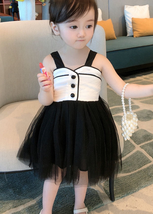 Art Black Wrinkled Patchwork Tulle Kids Girls Dress Sleeveless LY5500 - fabuloryshop