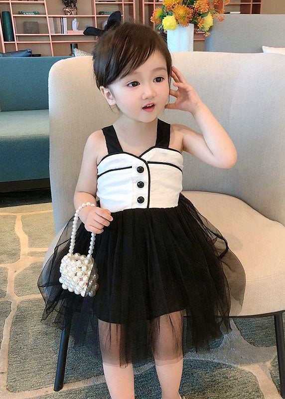 Art Black Wrinkled Patchwork Tulle Kids Girls Dress Sleeveless LY5500 - fabuloryshop