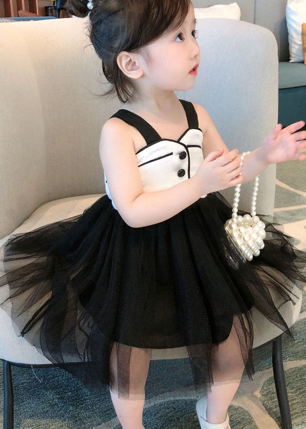 Art Black Wrinkled Patchwork Tulle Kids Girls Dress Sleeveless LY5500 - fabuloryshop