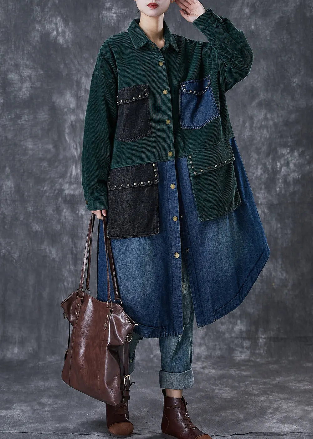 Art Blackish Green Rivet Patchwork Corduroy Fine Cotton Filled Coat Winter Ada Fashion