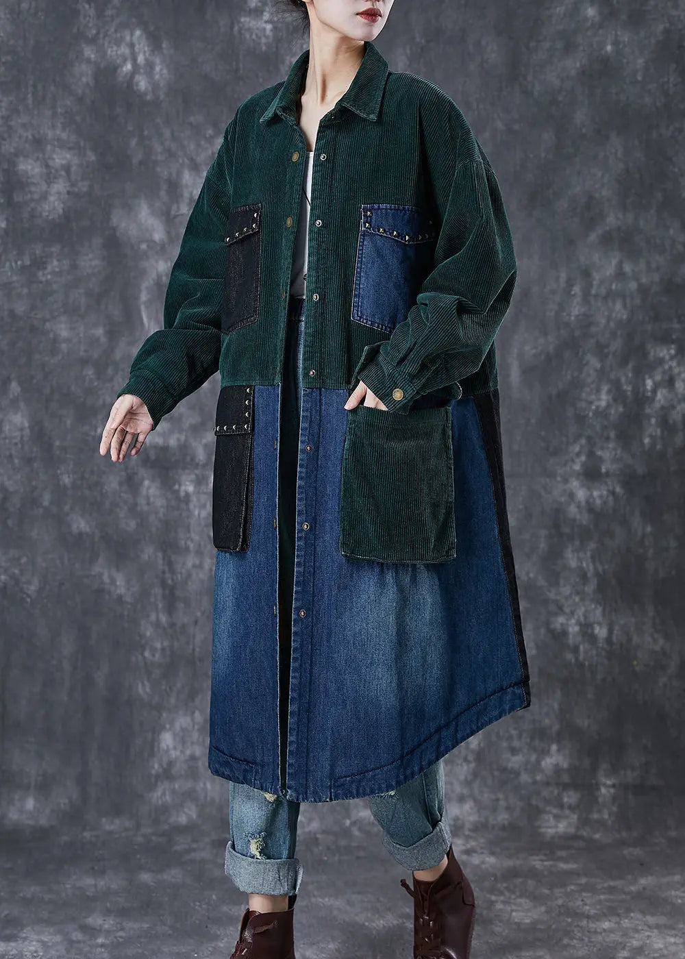 Art Blackish Green Rivet Patchwork Corduroy Fine Cotton Filled Coat Winter Ada Fashion