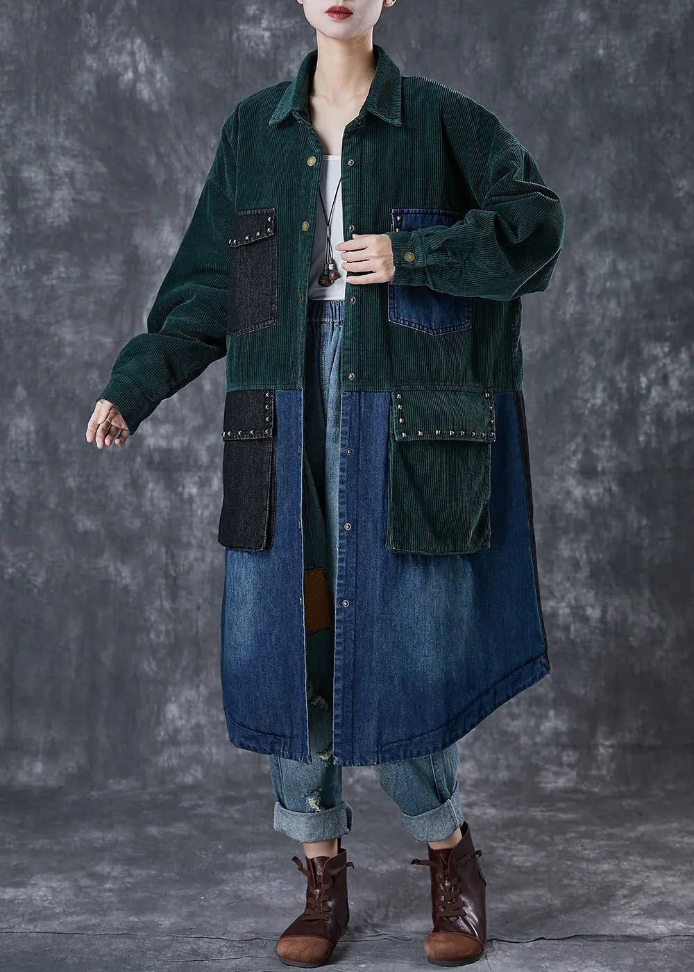 Art Blackish Green Rivet Patchwork Corduroy Fine Cotton Filled Coat Winter Ada Fashion