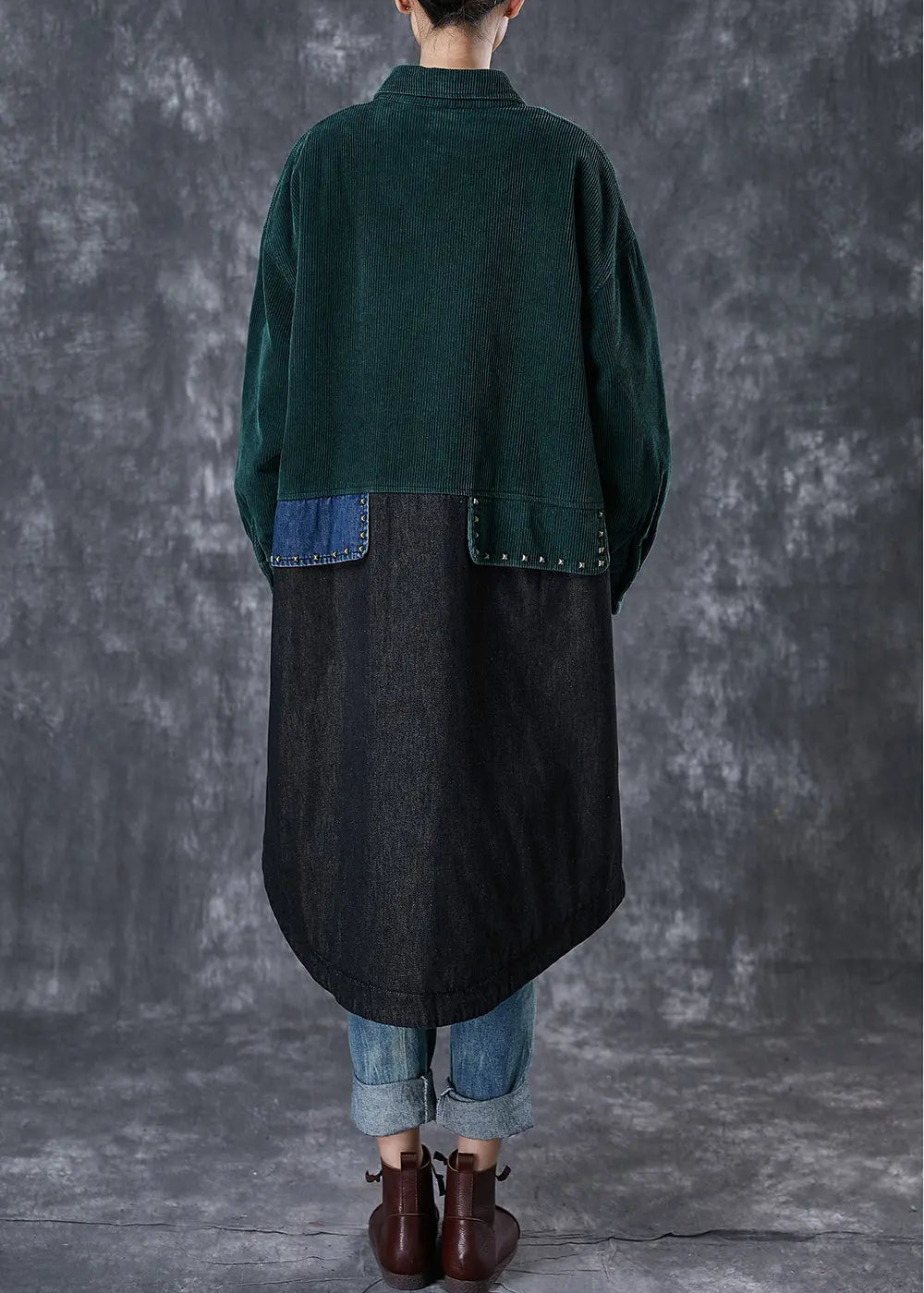Art Blackish Green Rivet Patchwork Corduroy Fine Cotton Filled Coat Winter Ada Fashion