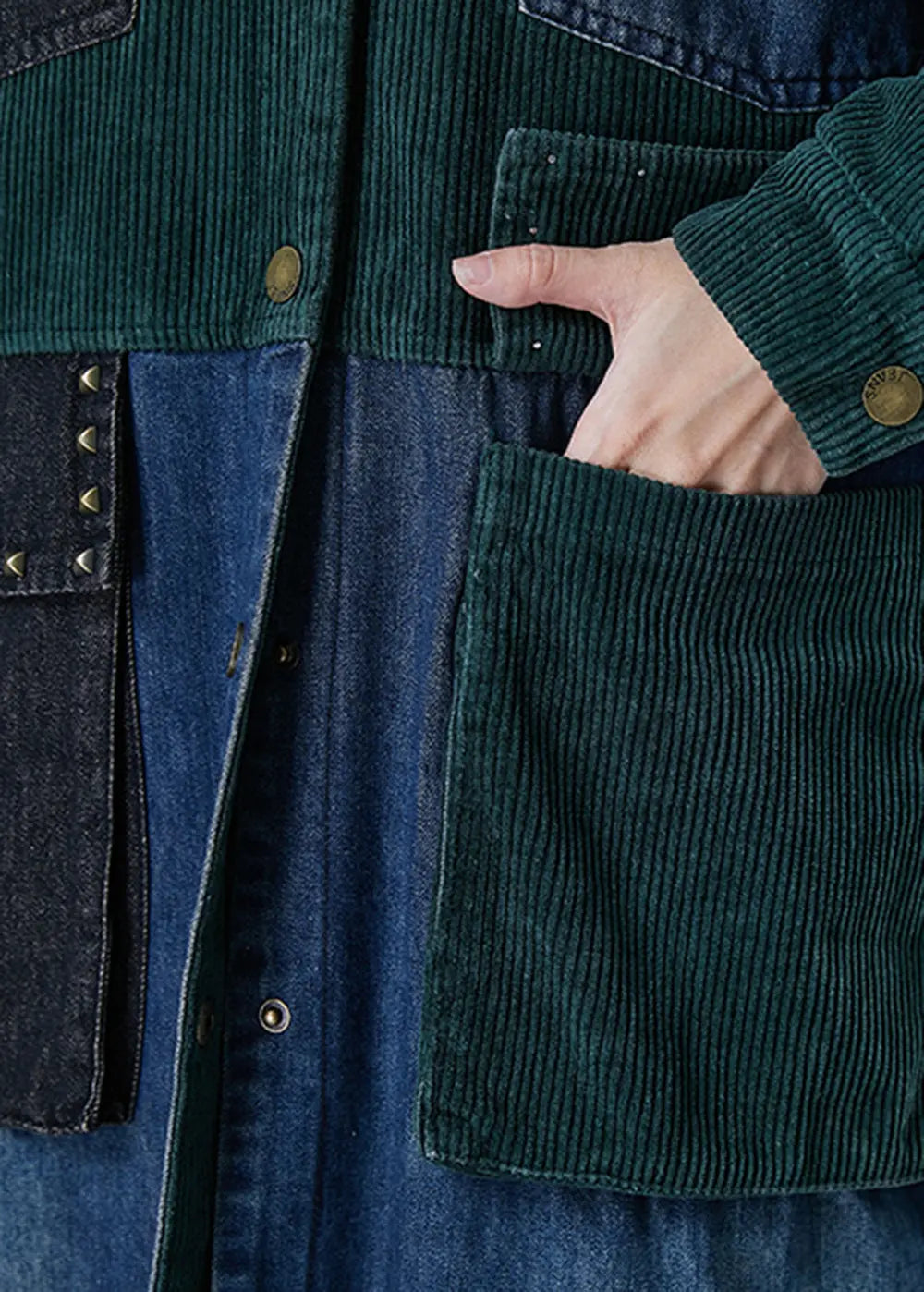 Art Blackish Green Rivet Patchwork Corduroy Fine Cotton Filled Coat Winter Ada Fashion