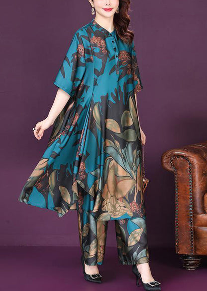 Art Blue Asymmetrical Exra Large Hem Print Silk Two Piece Suit Set Summer LY0995 - fabuloryshop