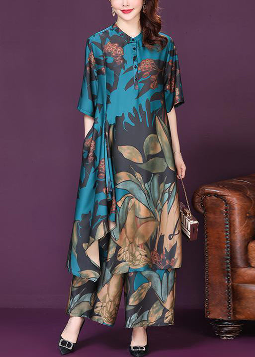 Art Blue Asymmetrical Exra Large Hem Print Silk Two Piece Suit Set Summer LY0995 - fabuloryshop