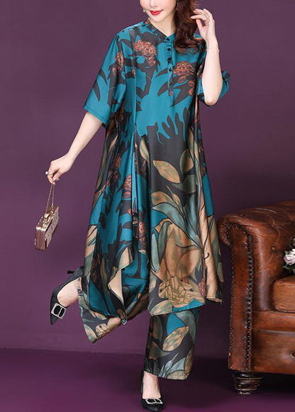 Art Blue Asymmetrical Exra Large Hem Print Silk Two Piece Suit Set Summer LY0995 - fabuloryshop