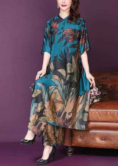 Art Blue Asymmetrical Exra Large Hem Print Silk Two Piece Suit Set Summer LY0995 - fabuloryshop