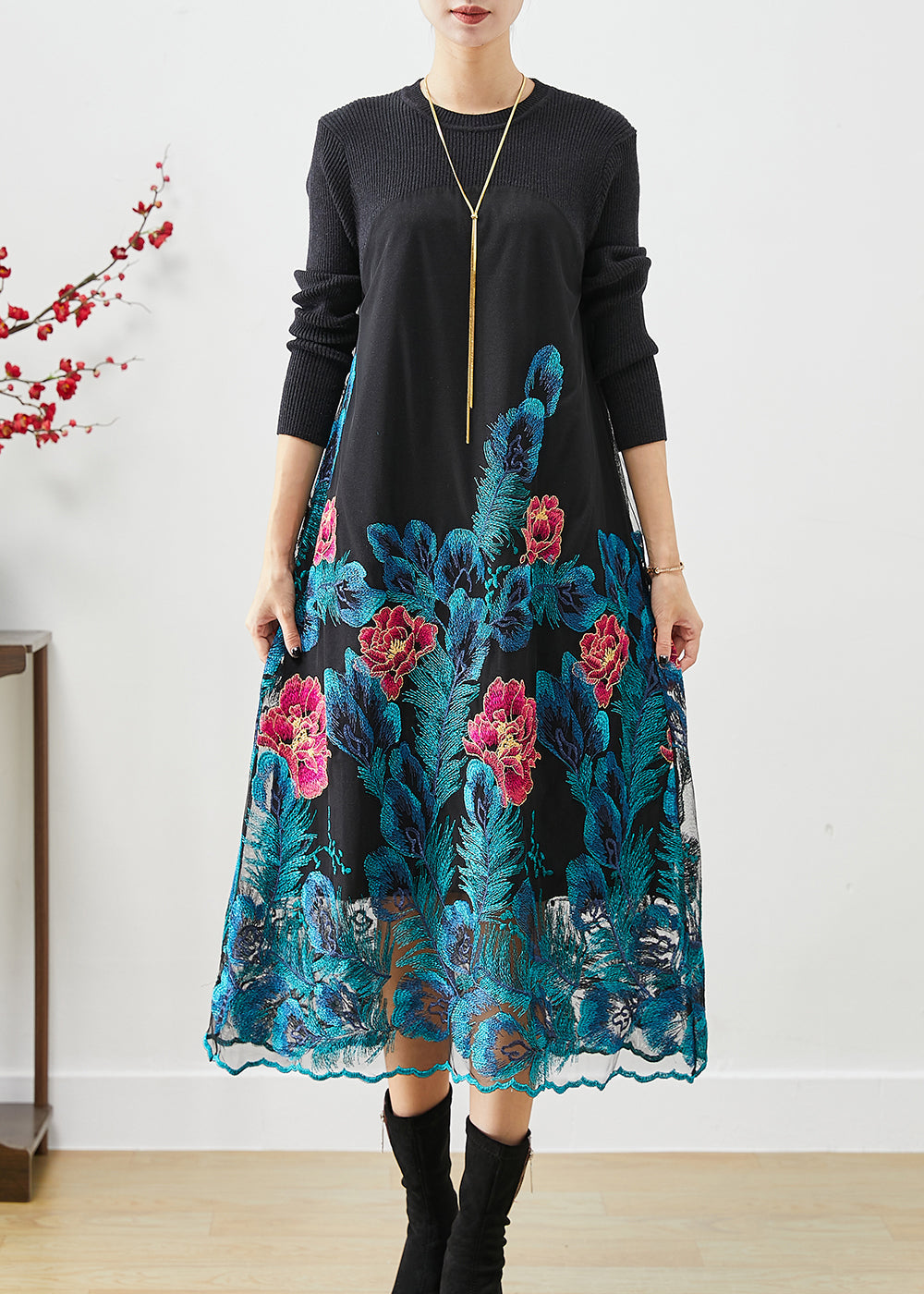 Art Blue Embroideried Floral Knit Long Dress Fall Ada Fashion