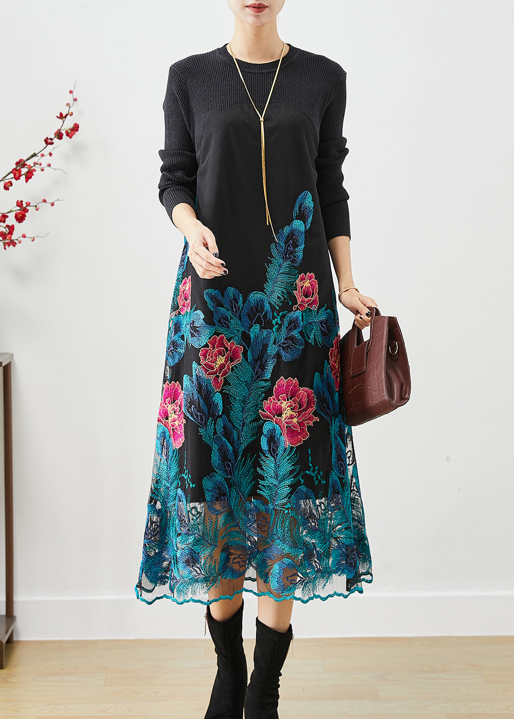 Art Blue Embroideried Floral Knit Long Dress Fall Ada Fashion