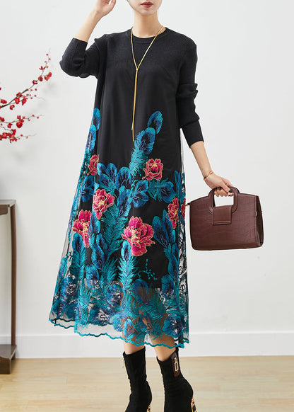 Art Blue Embroideried Floral Knit Long Dress Fall Ada Fashion