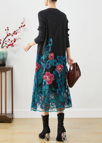 Art Blue Embroideried Floral Knit Long Dress Fall Ada Fashion