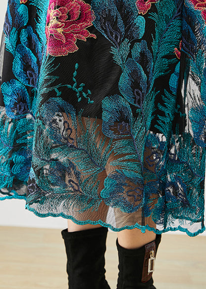 Art Blue Embroideried Floral Knit Long Dress Fall Ada Fashion