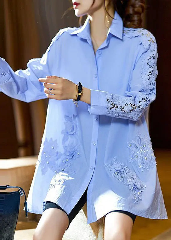 Art Blue Embroideried Nail Bead Patchwork Cotton Shirts Fall Ada Fashion