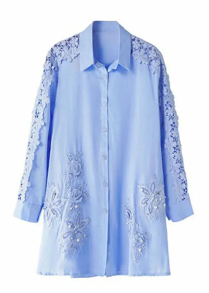 Art Blue Embroideried Nail Bead Patchwork Cotton Shirts Fall Ada Fashion