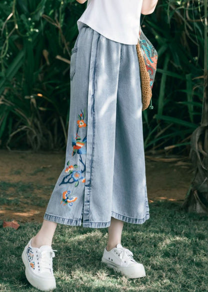 Art Blue Embroideried Pockets Patchwork Denim Wide Leg Pants Summer TQ1062 - fabuloryshop