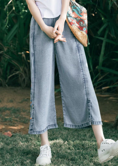 Art Blue Embroideried Pockets Patchwork Denim Wide Leg Pants Summer TQ1062 - fabuloryshop