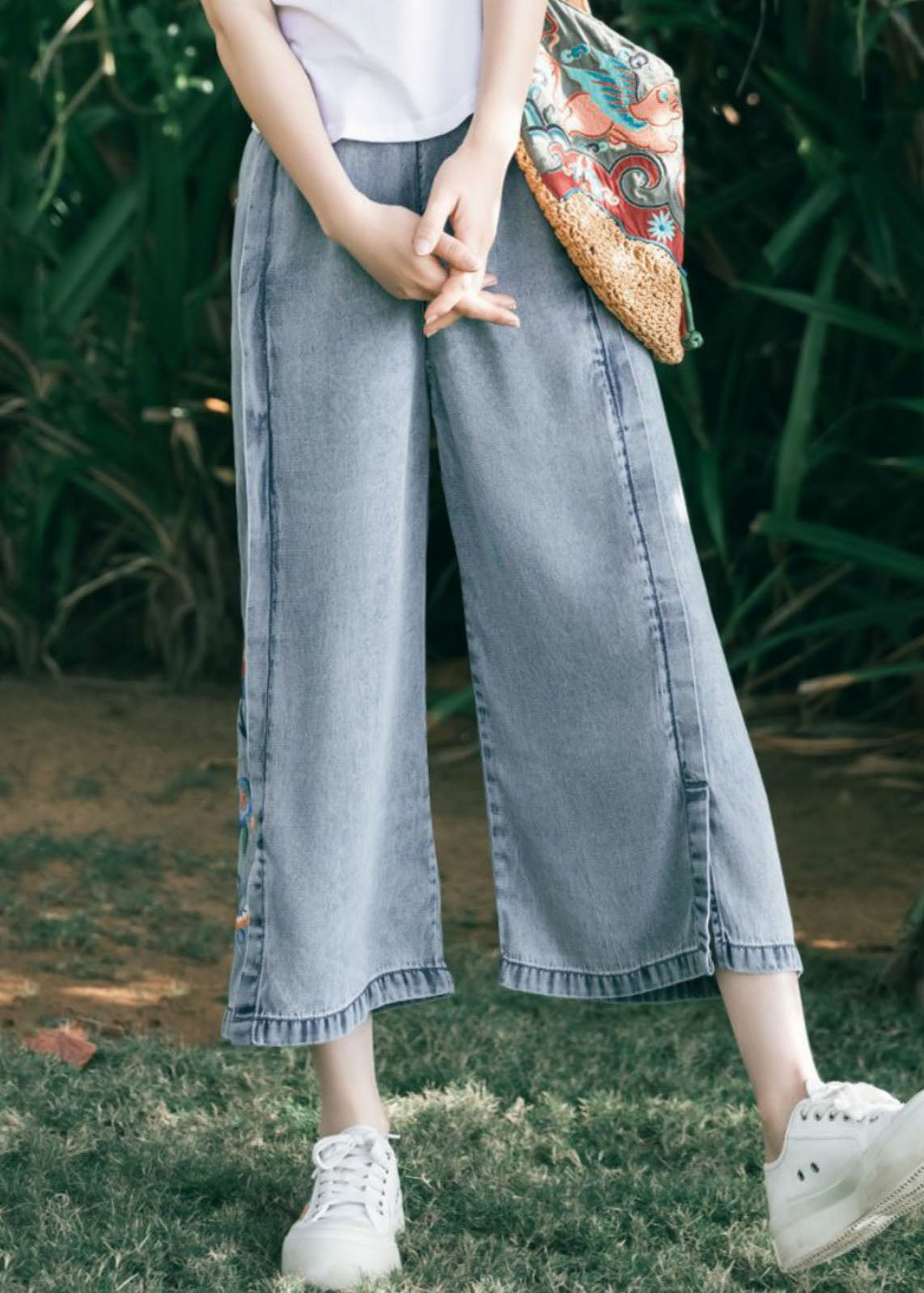 Art Blue Embroideried Pockets Patchwork Denim Wide Leg Pants Summer Ada Fashion