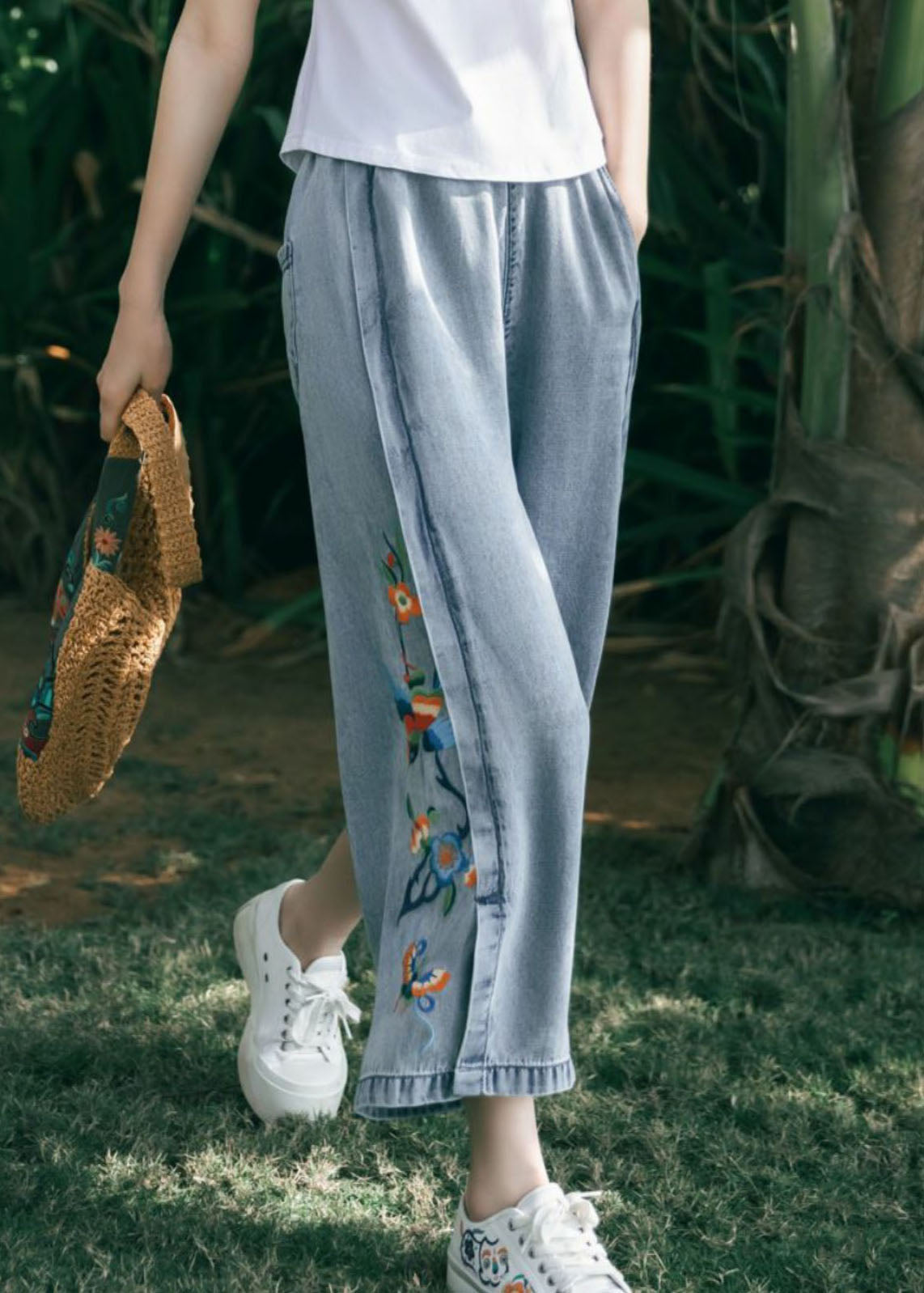 Art Blue Embroideried Pockets Patchwork Denim Wide Leg Pants Summer TQ1062 - fabuloryshop