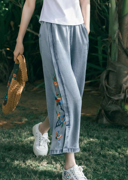 Art Blue Embroideried Pockets Patchwork Denim Wide Leg Pants Summer Ada Fashion