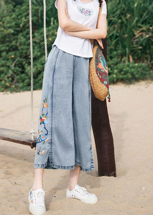 Art Blue Embroideried Pockets Patchwork Denim Wide Leg Pants Summer TQ1062 - fabuloryshop