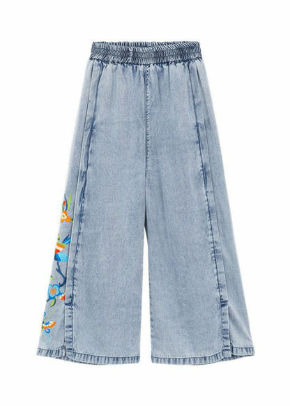 Art Blue Embroideried Pockets Patchwork Denim Wide Leg Pants Summer TQ1062 - fabuloryshop