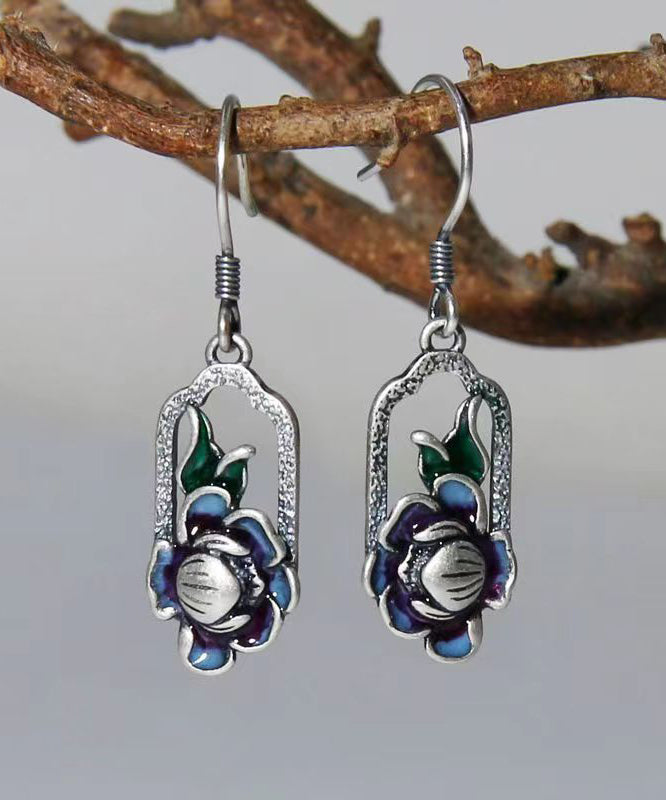 Art Blue Lotus Patchwork Silver Drop Earrings LY9178 Ada Fashion