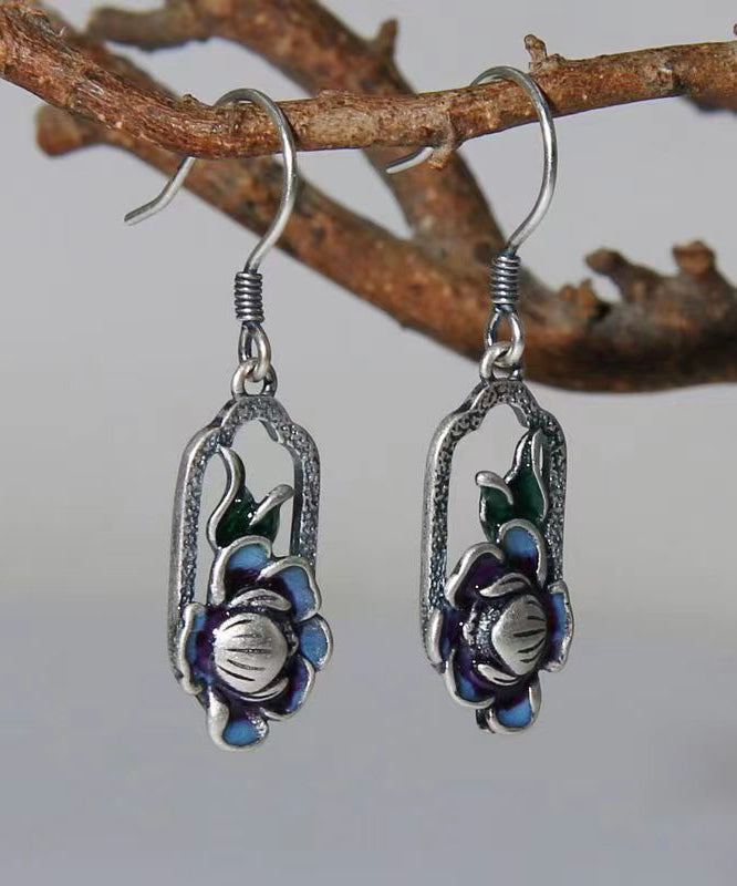 Art Blue Lotus Patchwork Silver Drop Earrings LY9178 Ada Fashion