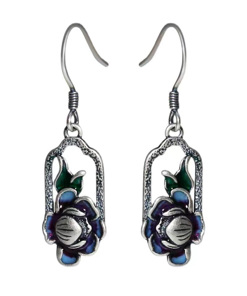 Art Blue Lotus Patchwork Silver Drop Earrings LY9178 Ada Fashion