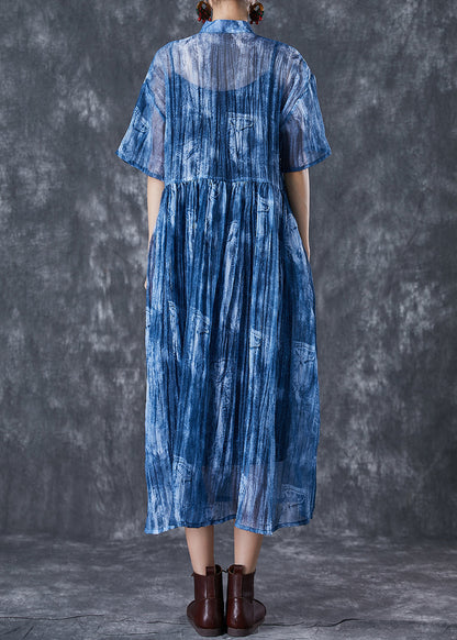 Art Blue Mandarin Collar Tie Dye Lace Up Dress Summer LY7031 - fabuloryshop