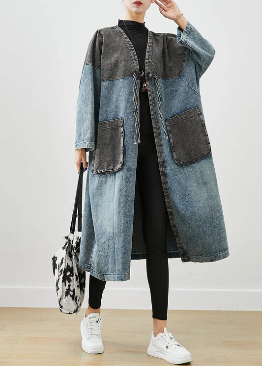 Art Blue Oversized Patchwork Lace Up Denim Cardigan Fall Ada Fashion