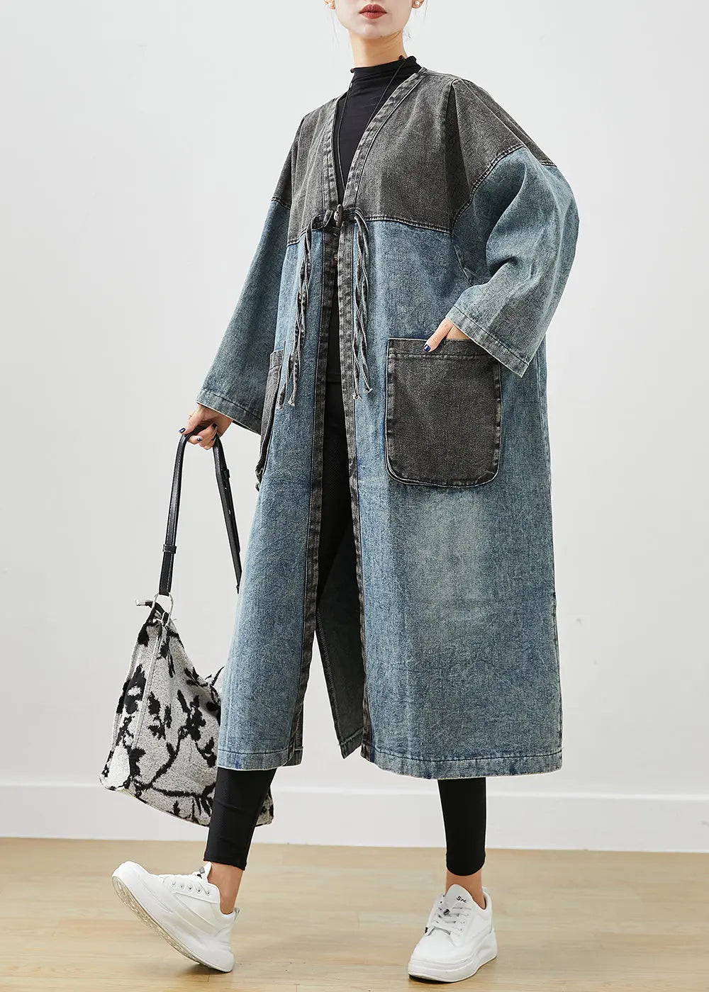 Art Blue Oversized Patchwork Lace Up Denim Cardigan Fall Ada Fashion