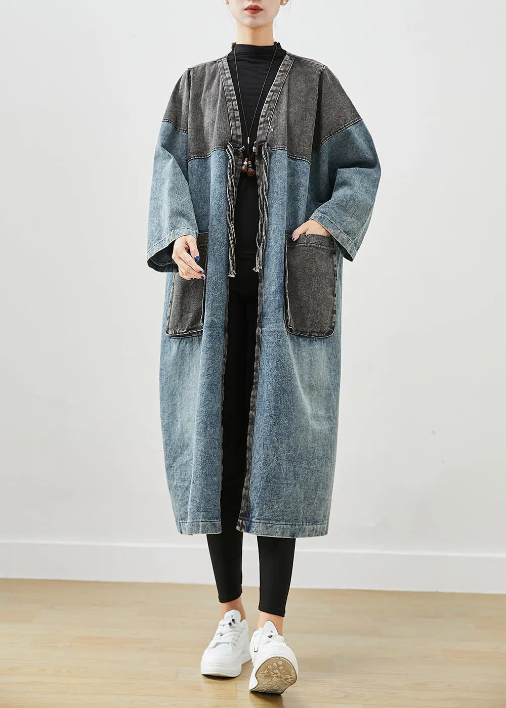 Art Blue Oversized Patchwork Lace Up Denim Cardigan Fall Ada Fashion